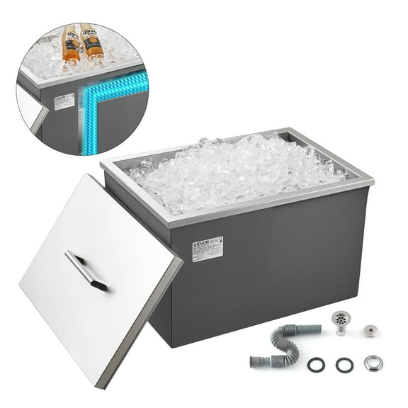 VEVOR Drop in Ice Chest, 20"L x 14"W x 12"H Stainless Steel Drop in Cooler, 31.7 Quart Commercial Ice Bin with Pot Lid for Outdoor Kitchen Patio Bar, Drain-pipe Set Included, for Cold Wine Beer