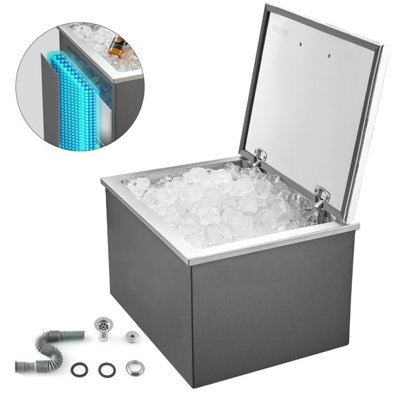 VEVOR Drop in Ice Chest, 20"L x 16"W x 13"H Stainless Steel Drop in Cooler, 44.7 Quart Commercial Ice Bin with Flip Lid for Outdoor Kitchen Patio Bar, Drain-pipe Set Included, for Cold Wine Beer