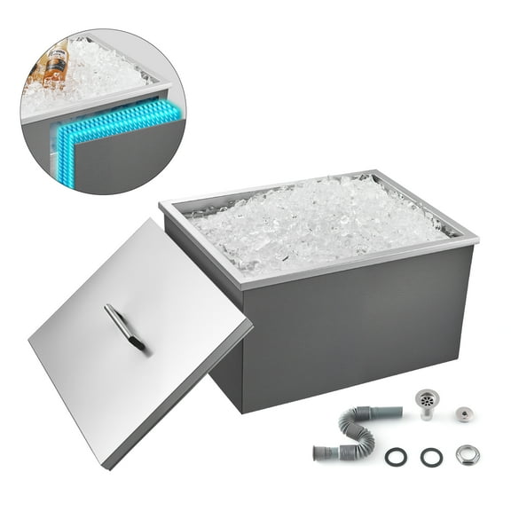 VEVOR Drop in Ice Chest, 22"L x 17"W x 12"H Stainless Steel Drop in Cooler, 45.3 Quart Commercial Ice Bin with Pot Lid for Outdoor Kitchen Patio Bar, Drain-pipe Set Included, for Cold Wine Beer