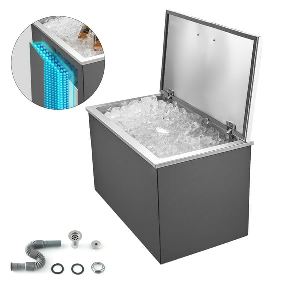 VEVOR Drop in Ice Chest, 28"L x 16"W x 17"H Stainless Steel Drop in Cooler, 87.6 Quart Commercial Ice Bin with Flip Lid for Outdoor Kitchen Patio Bar, Drain-pipe Set Included, for Cold Wine Beer