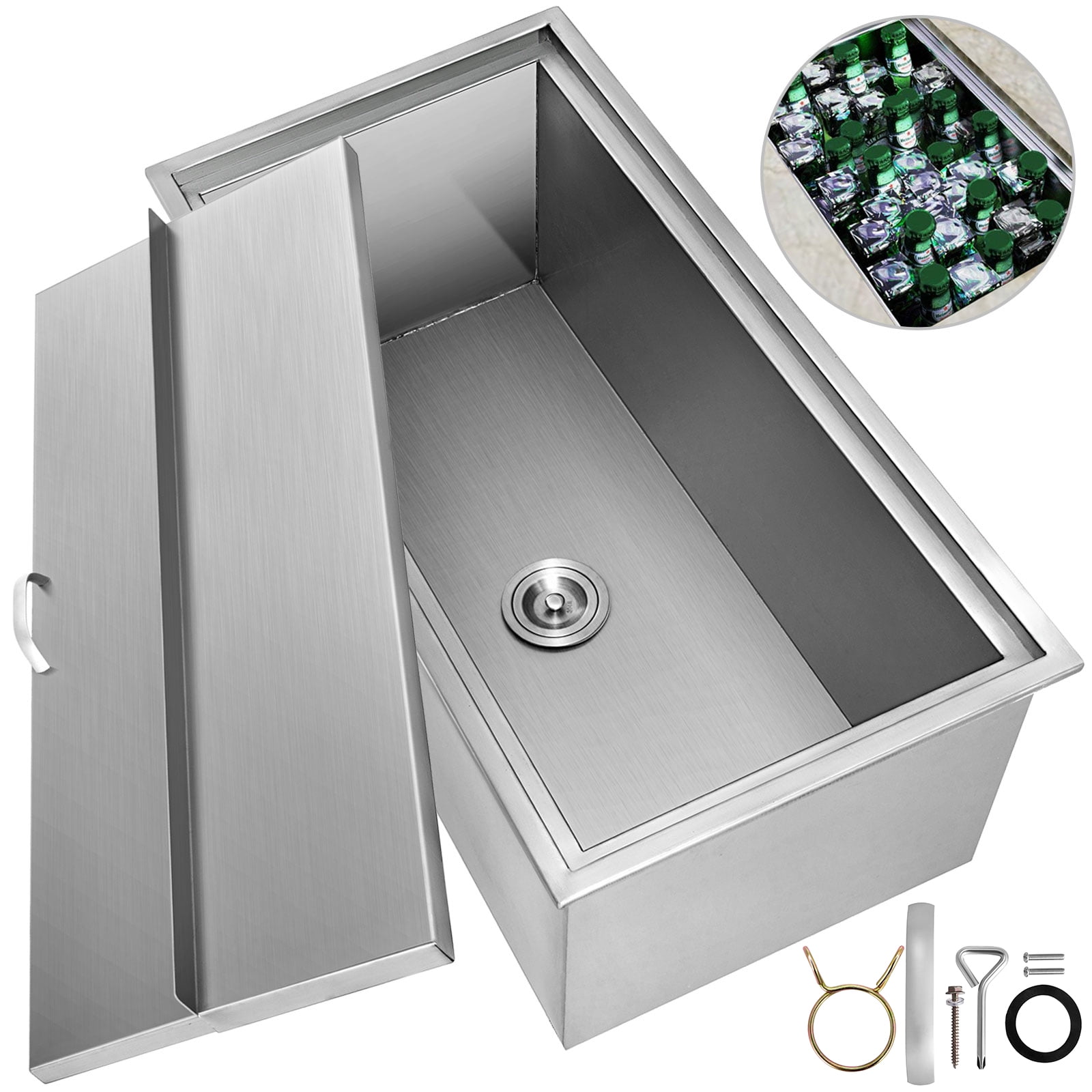 VEVOR 87.2 qt. Drop in Ice Chest 28 in. x 18 in. x 17 in. Stainless Steel Ice Bin with Hinged Cover for Outdoor Kitchen QRSJ28X18X17XCE1KV0