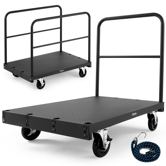 VEVOR Drywall Cart Dolly, 1800 lbs Load Capacity, 2-in-1 Steel Panel Truck Cart with 5 inch Swivel Casters, 36 x 24 inch Platform Truck with 3 Side Handrails for Factory, Warehouse, Garage, Black