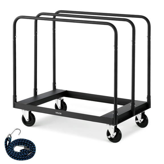VEVOR Drywall Cart Dolly,1800 lbs Load Capacity,Steel Panel Truck Cart with 5 inch Swivel Casters,Lumber Drywall Dolly with with Tie-Down Strap & 3 Side Handrails for Factory,Warehouse,Garage,Black