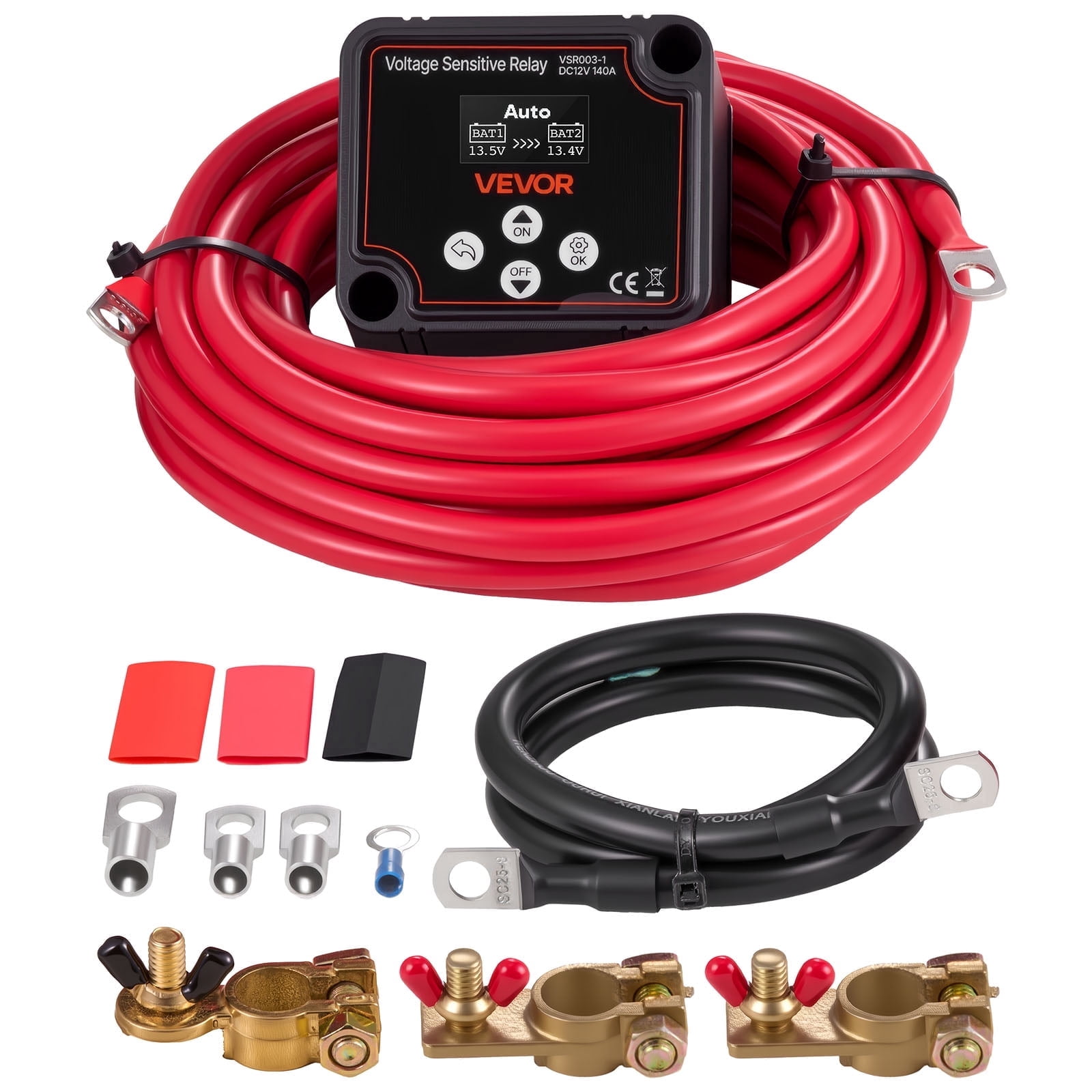 VEVOR Dual Battery Isolator Kit, 12V 140 Amp 20 ft 6AWG, Manual & Automatic Voltage Relay with LCD Voltmeter, Smart Battery Isolator for Lithium Batteries, Suitable for UTV