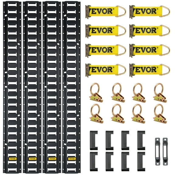 VEVOR E Track Tie-Down Rail Kit, 30Pcs 5ft E-Tracks Set Includes 4 Steel Rails & 2 Single Slot & 8 O Rings & 8 Tie-Offs w/ D-Ring & 8 End Caps, Securing Accessories for Cargo, Motorcycles, and Bikes