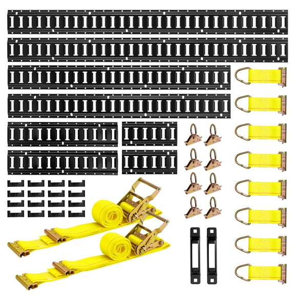 VEVOR E-Track Tie-Down Rail Kit, 8 Pack (5ft+4ft+2ft+1ft) E Track Rails, 36 Pcs Includes 2 Ratchet Straps & 8 O-Rings & 8 Tie-Offs with D-Ring & 2 Single Slots & 16 End Caps, Fit for Vans Trailers
