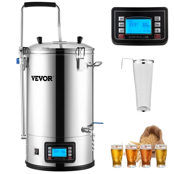 VEVOR Electric Brewing System, 9.2 Gal/35 L Brewing Pot, All-in-One Home Beer Brewer w/Pump, Mash Boil Device w/Panel, Auto/Manual Mode 100-1800W Power 25-100 Temp 1-180 min Timer Recipe Memory