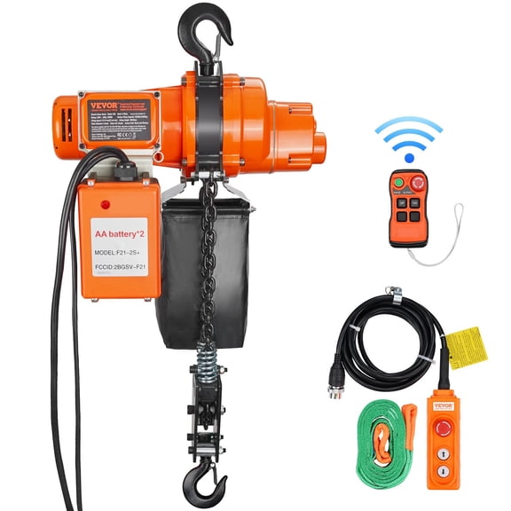 VEVOR Electric Chain Hoist, 2200 lbs Load, 20 ft Lifting Height, 6.9 ft/min Speed, 120V, Single Phase Overhead Crane with Chain, 328 ft Wireless & 15 ft Wired Remote Control for Garage, Shop, and Hom