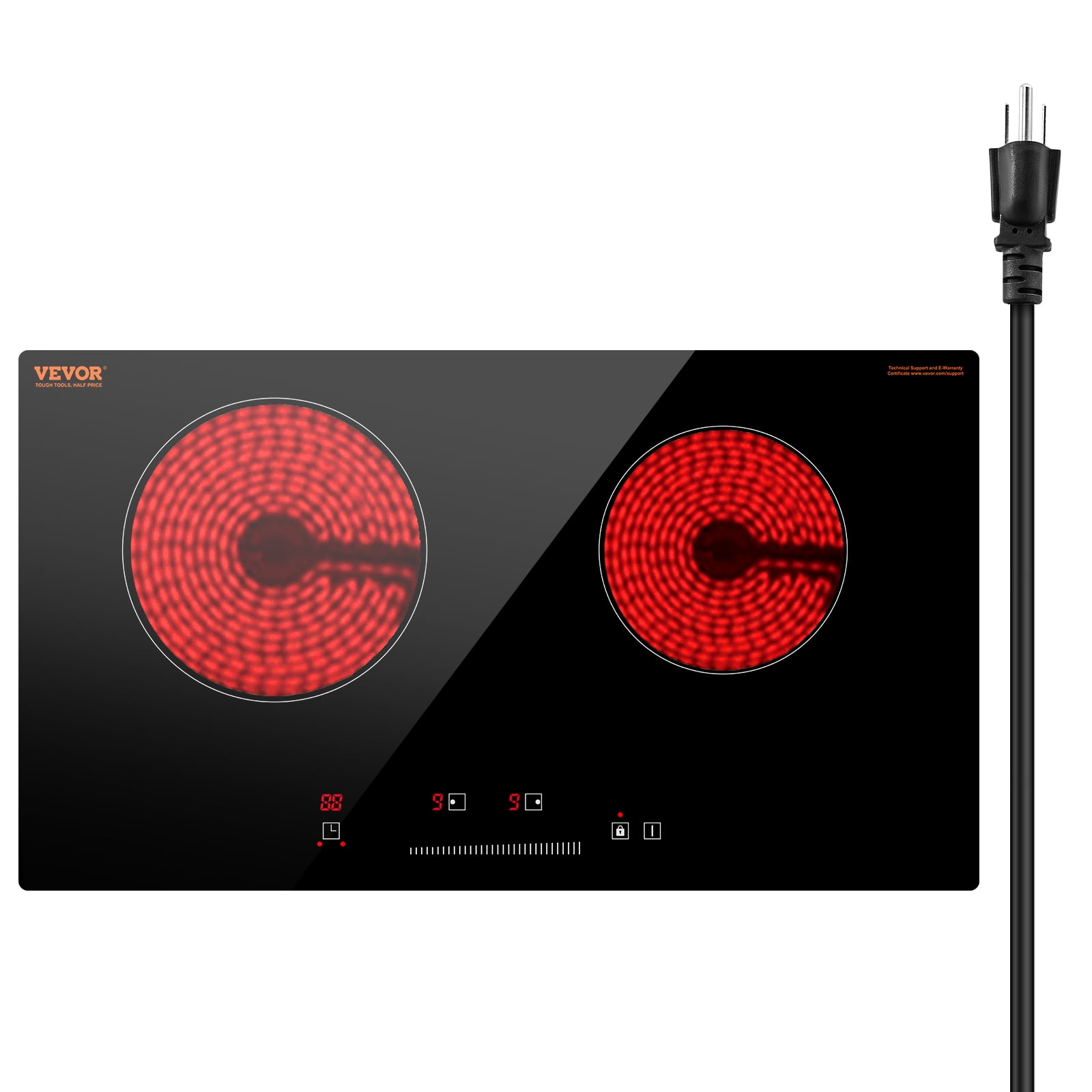 VEVOR Electric Cooktop, 24 inch 2 Burners Built-in Electric Stove Top, 1800W Ceramic Top Radiant Cooktop with Glass Panel, Touch Control,Timer, Child Lock, 9 Heat Level,Residual Heat Indicator,120V