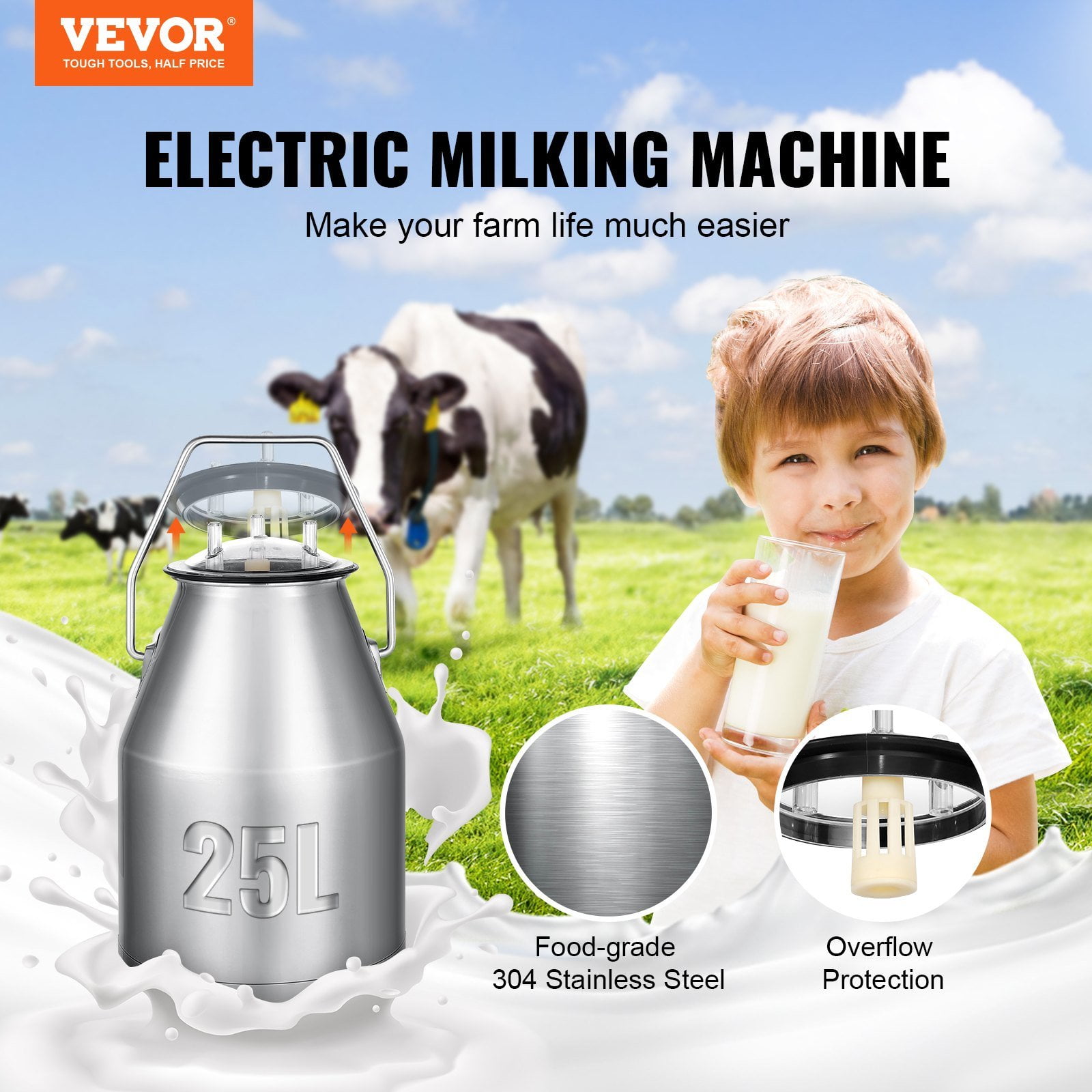 VEVOR Electric Cow Milking Machine, 6.6 Gal / 25 L 304 Stainless Steel