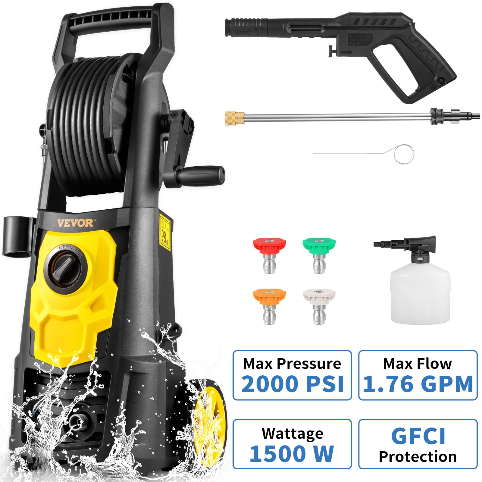 VEVOR Electric Pressure Washer, 2000 PSI 1.76 GPM 30 ft Hose & Reel, 4 Quick Connect Nozzles, Foam Cannon, Portable to Clean Patios, Cars, Fences, Driveways, ETL Listed