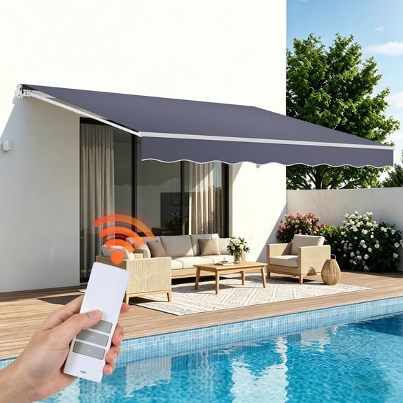 VEVOR Electric Retractable Awning, 14.1' x 9.8' Motorized Patio Awning, Sunshade Shelter with Remote Controller & Manual Crank Handle, Waterproof Polyester Fabric for Outdoor Deck, Balcony, Yard,Gray