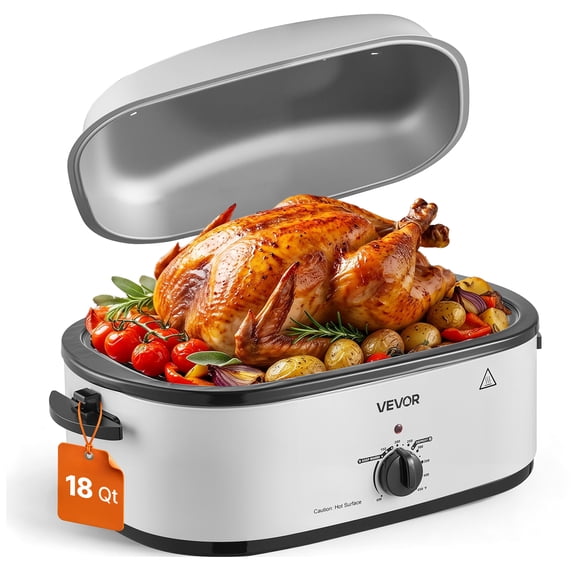 VEVOR Electric Roaster Oven, 18 Qt, Turkey Roasting Pan, White, 1450W Power, Self-Basting Metal Lid, 150-450°F Heat Control, Countertop Turkey Cooker with Defrost/Warm, Removable Pan and Rack