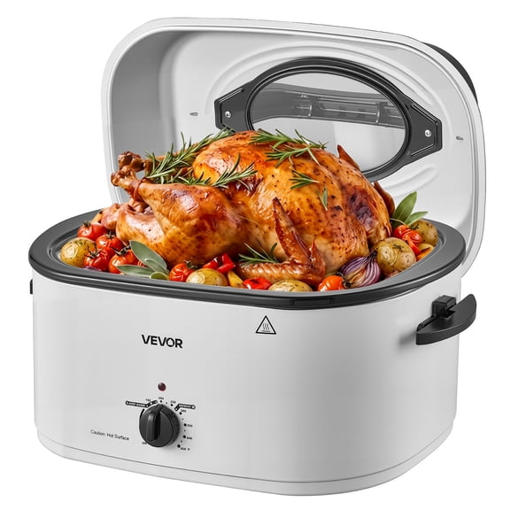 VEVOR Electric Roaster Oven, 26 Qt, Turkey Roasting Pan, White, 1450W Power, Viewing Self-Basting Lid, 150-450°F Heat Control, Countertop Turkey Cooker with Defrost/Warm, Removable Pan and Rack