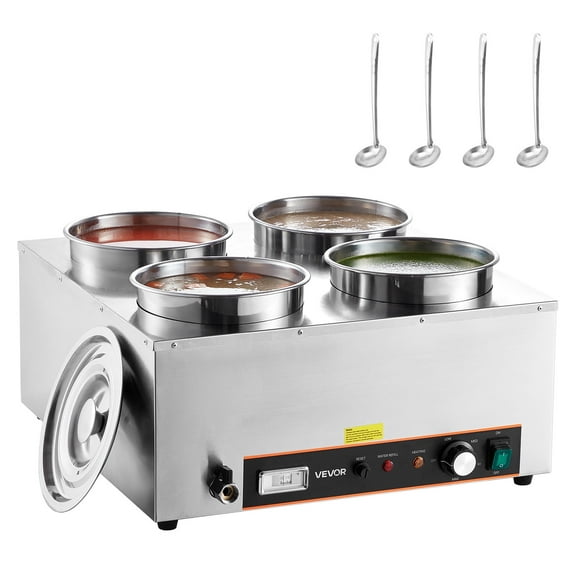 VEVOR Electric Soup Warmer, Four 6.34QT Stainless Steel Round Pot with 86~185F Adjustable Temp, 1500W Commercial Bain Marie with Anti-dry Burn and Reset Button, Soup Station for Restaurant, Buffet