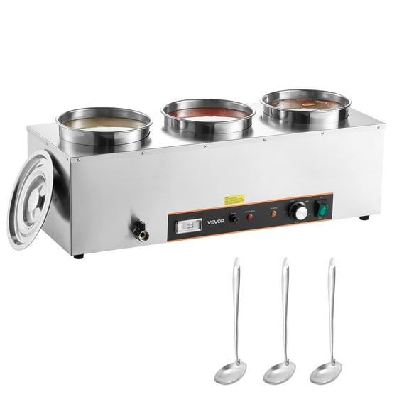 VEVOR Electric Soup Warmer, Three 6.34QT Stainless Steel Round Pot with 86~185F Adjustable Temp, 1500W Commercial Bain Marie with Anti-dry Burn and Reset Button, Soup Station for Restaurant, Buffet