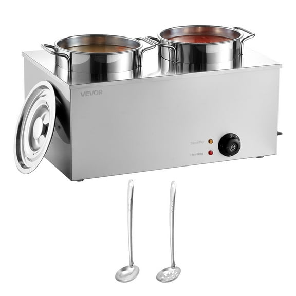 VEVOR Electric Soup Warmer, Two 6.34QT Stainless Steel Round Pot with 86~185F Adjustable Temp, 1200W Commercial Bain Marie Compatible with Pans, Soup Station for Restaurant, Buffet
