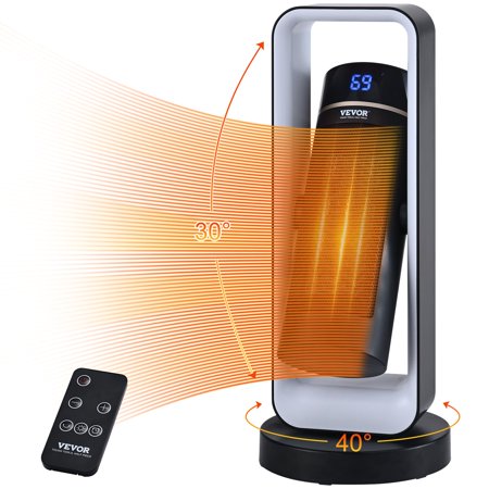 VEVOR Electric Space Heater with Thermostat Remote Control, 1000W/1500W 2-Level Adjustable Quiet Ceramic Heater Fan, 20 in Tip-Over Shutdown Overheat Protection Small Heaters for Office Room Desk