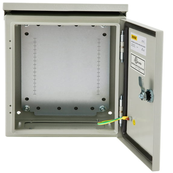 VEVOR Electrical Enclosure, 12'' x 12'' x 6'', UL Certified NEMA 4 Outdoor Enclosure, IP65 Waterproof & Dustproof Cold-Rolled Carbon Steel Hinged Junction Box for Outdoor Indoor Use, with Rain Hood