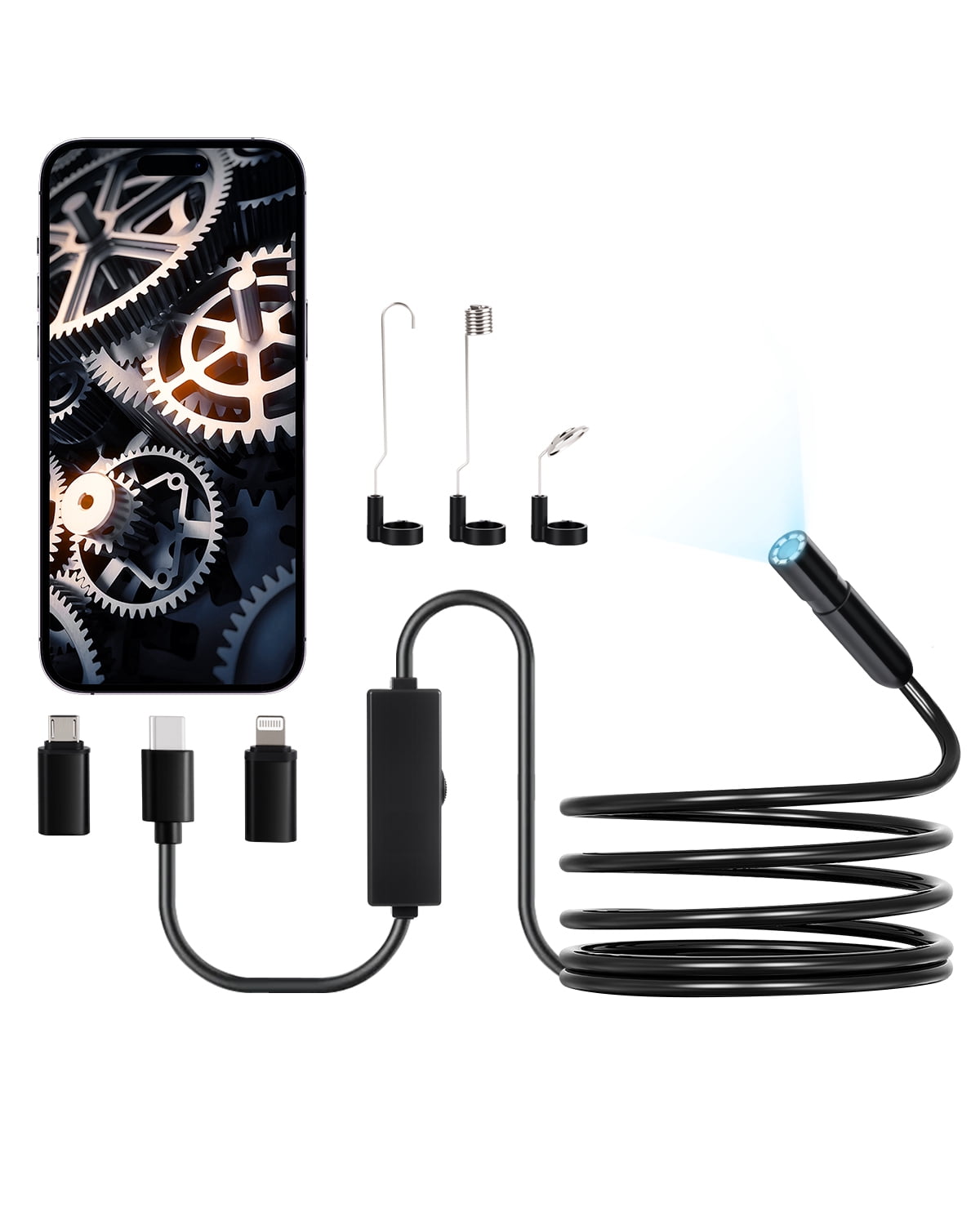 VEVOR Endoscope Camera with Light, 1920P HD Borescope for Android & IOS, 8 LED Lights Inspection Camera with 10FT Semi-Rigid Cable, 2X Zoom, IP67 Waterproof Snake Scope Camera for Auto, Plumbing