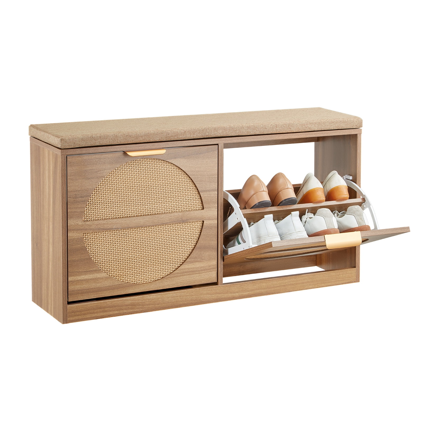 VEVOR Entryway Shoe Bench, 38.9 x 9.4 x 19.7 Inch Rattan-Like Shoes Bench with Flip Drawers, 440lbs Shoe Storage Rack with Cushion, 4 Compartments and Rattan Doors, for Hallway, Living Room, Bedroom