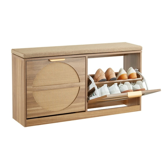 VEVOR Entryway Shoe Bench, 38.9 x 9.4 x 19.7 Inch Rattan-Like Shoes Bench with Flip Drawers, 440lbs Shoe Storage Rack with Cushion, 4 Compartments and Rattan Doors, for Hallway, Living Room, Bedroom