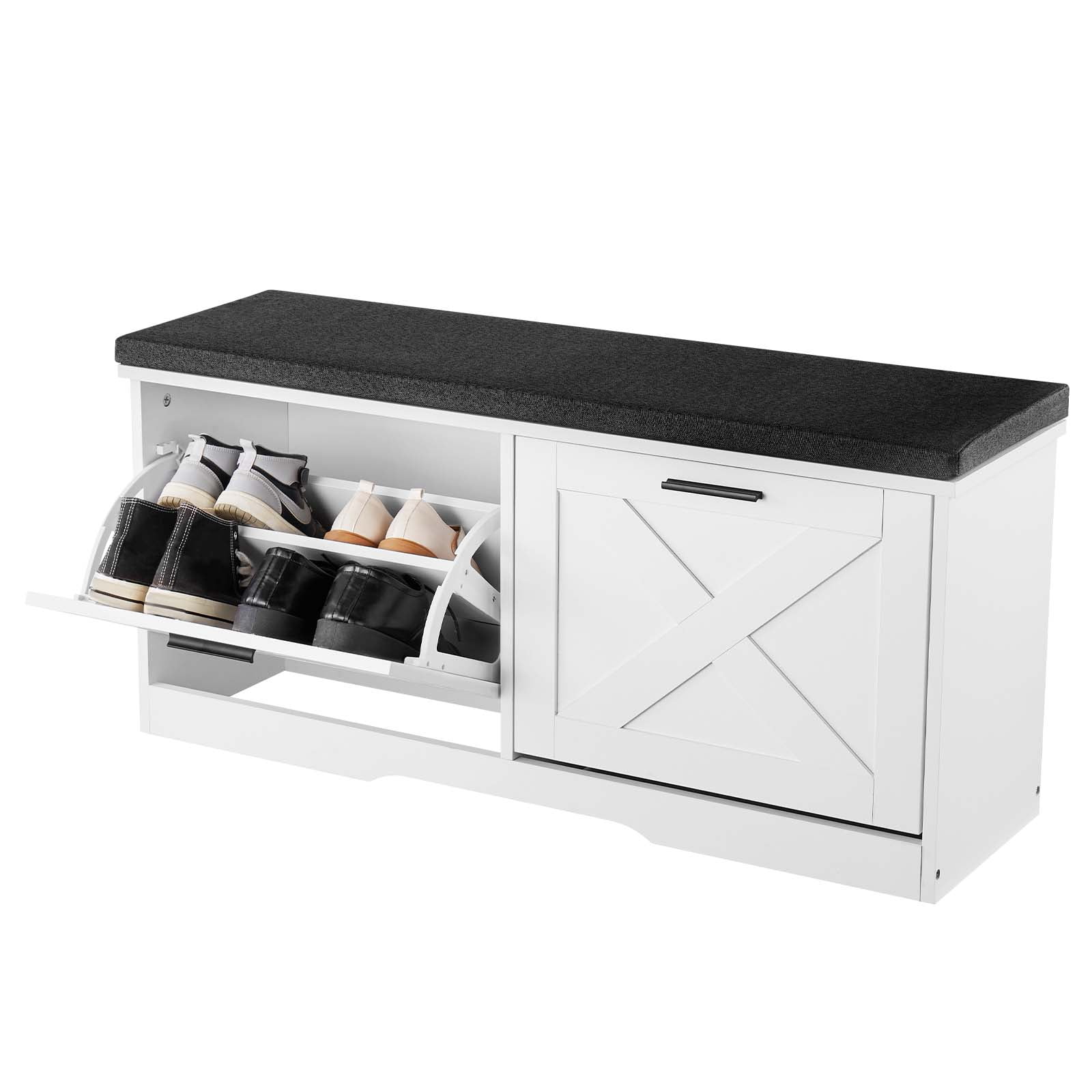 VEVOR Entryway Shoe Storage Bench, 39.4 x 12.0 x 18.7 Inch Shoe Organizer with Flip Drawers, 440lbs Narrow Shoes Rack Bench with Cushion & Flip Doors, for Hallway, Living Room, Bedroom, Black + White