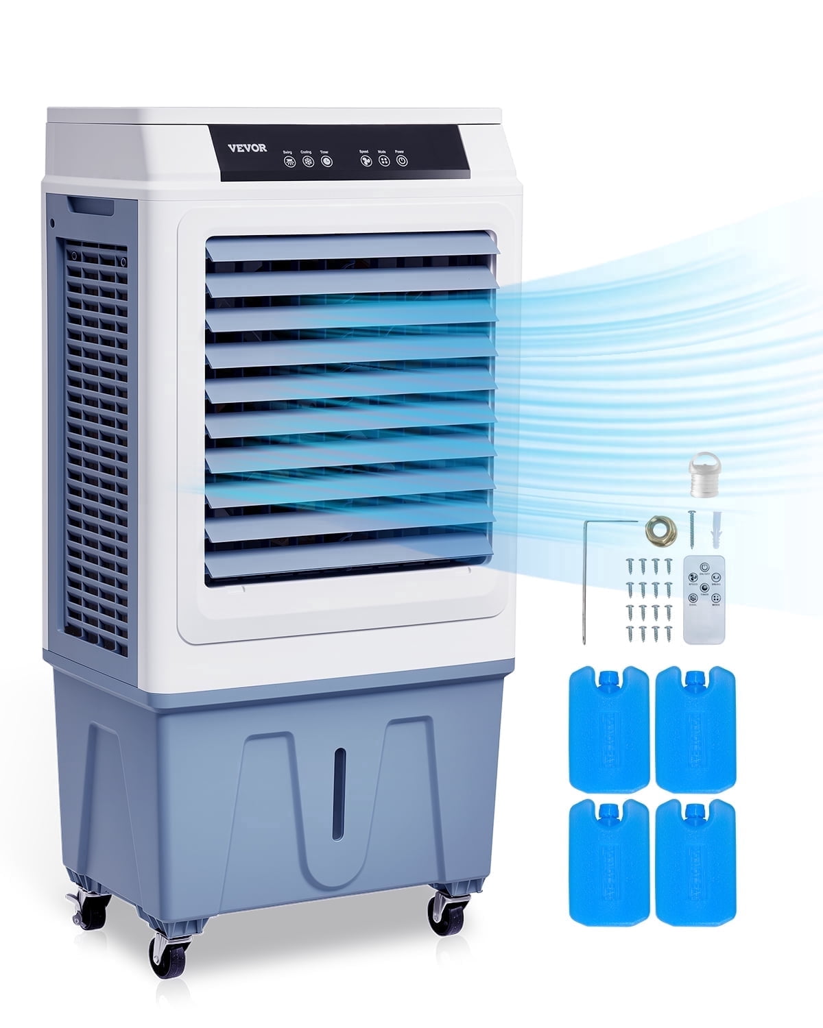 VEVOR Evaporative Air Cooler, 3100 CFM with 9 Gallon Water Tank Swamp Cooler, Portable Cooling Fan with Remote Control,12H Timer,4 Ice Boxes,3 Speeds