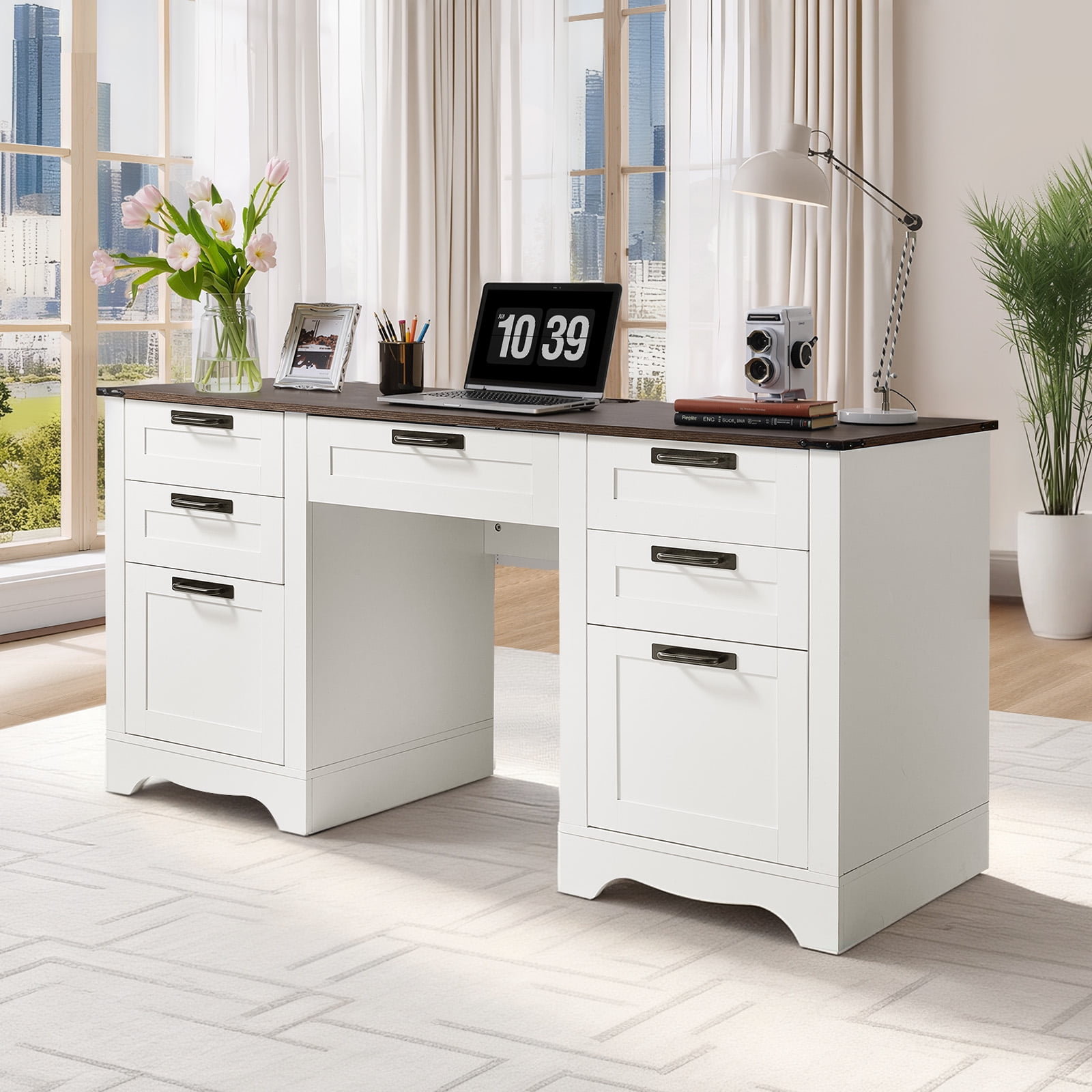 VEVOR Executive Desk, Farmhouse Office Table with Charging Station, Heavy Duty Particle Board Executive Table with Storage Drawers, 200 LBS Load Capacity, Easy Assembly, for Work Study Writing