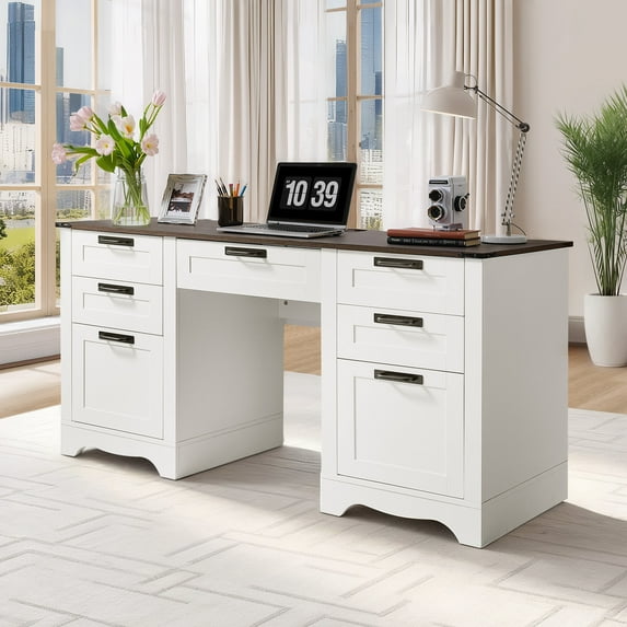 VEVOR Executive Desk, Farmhouse Office Table with Charging Station, Heavy Duty Particle Board Executive Table with Storage Drawers, 200 LBS Load Capacity, Easy Assembly, for Work Study Writing