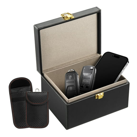 VEVOR Faraday Box, PU Leather Signal Blocking Holde, Keyless Fob, Protector Shielding with 2 Key Bag, for WiFi, RFID, GPS, Bluetooth & 5G, Anti-Theft Box and Anti-Hacking Blocker(6.3 x 5.1 x 3.7")