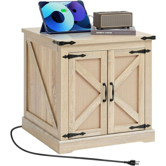 VEVOR Farmhouse End Table, Rectangle PE Rattan Woven Wood Coffee Table, 24-Inch Modern Boho Style Storage Coffee Table with Retro Metal Hinges, for Living Room, Bedroom & Small Spaces