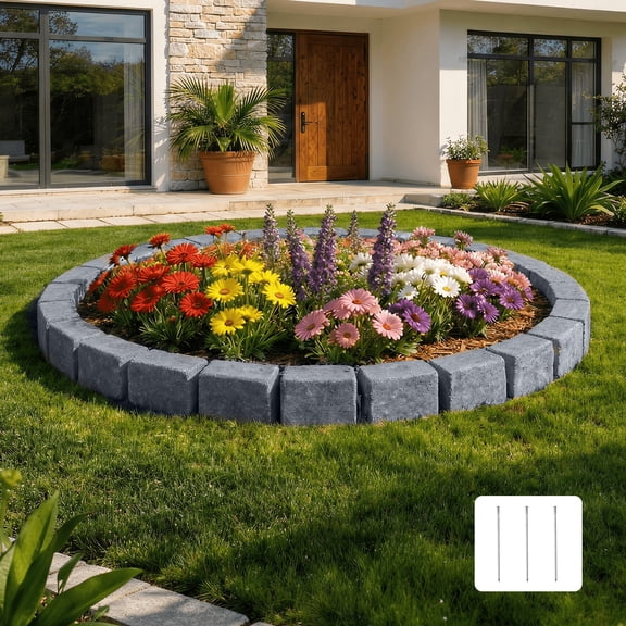 VEVOR Faux Stone Landscape Edging, 46.85" Kit, No Dig Garden Edging Border, Blocks for Lawn, Flower Beds, Yards, 1 Pack Each Section Has 6 Bricks 46.85"L x 3.94"W x 6.1"H, 3 Spikes, Sandstone Gray