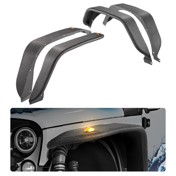 VEVOR Fender Flare, Front & Rear Jeep Fender Flares Compatible with 2018-2024 Jeeps JL/JLU 2/4 Doors, Off-Road Steel Liner Set with LED Lighting, Fine-Textured Black Paintable Fenders for Jeep JL
