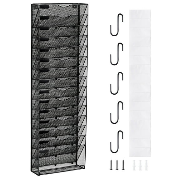 VEVOR File Wall Rack, One-Piece 16 Pockets Mesh Wall File Holder, Wall Mounted Magazine Mail Paper & Document Storage Folder, Metal Wall File Organizer with Nametag Label, for Office Home & School