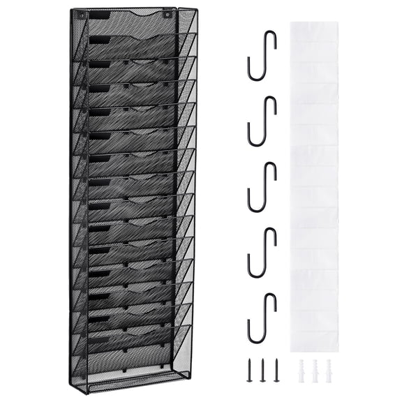 VEVOR File Wall Rack, One-Piece 16 Pockets Mesh Wall File Holder, Wall Mounted Magazine Mail Paper & Document Storage Folder, Metal Wall File Organizer with Nametag Label, for Office Home & School