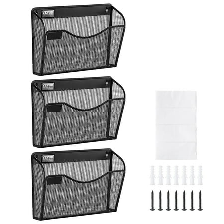 VEVOR File Wall Rack, Three-Piece 1 Pocket Mesh Wall File Holder, Wall Mounted Magazine Mail Paper & Document Storage Folder, Metal Wall File Organizer with Nametag Label, for Office Home & School