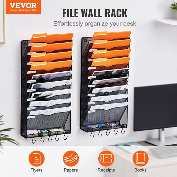 VEVOR File Wall Rack, Two-Piece 10 Pockets Mesh Wall File Holder, Wall Mounted Magazine Mail Paper Document Storage Folder, Metal Wall File Organizer with Nametag Label, for Office Home School