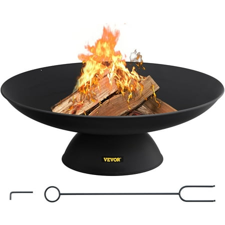 VEVOR Fire Pit Bowl, 30-inch Deep Round Cast Iron Fire Bowl, Wood Burning for Outdoor Patios, Backyards & Camping Uses, with A Stable Bowl Designed Base and A Firewood Stick, Black