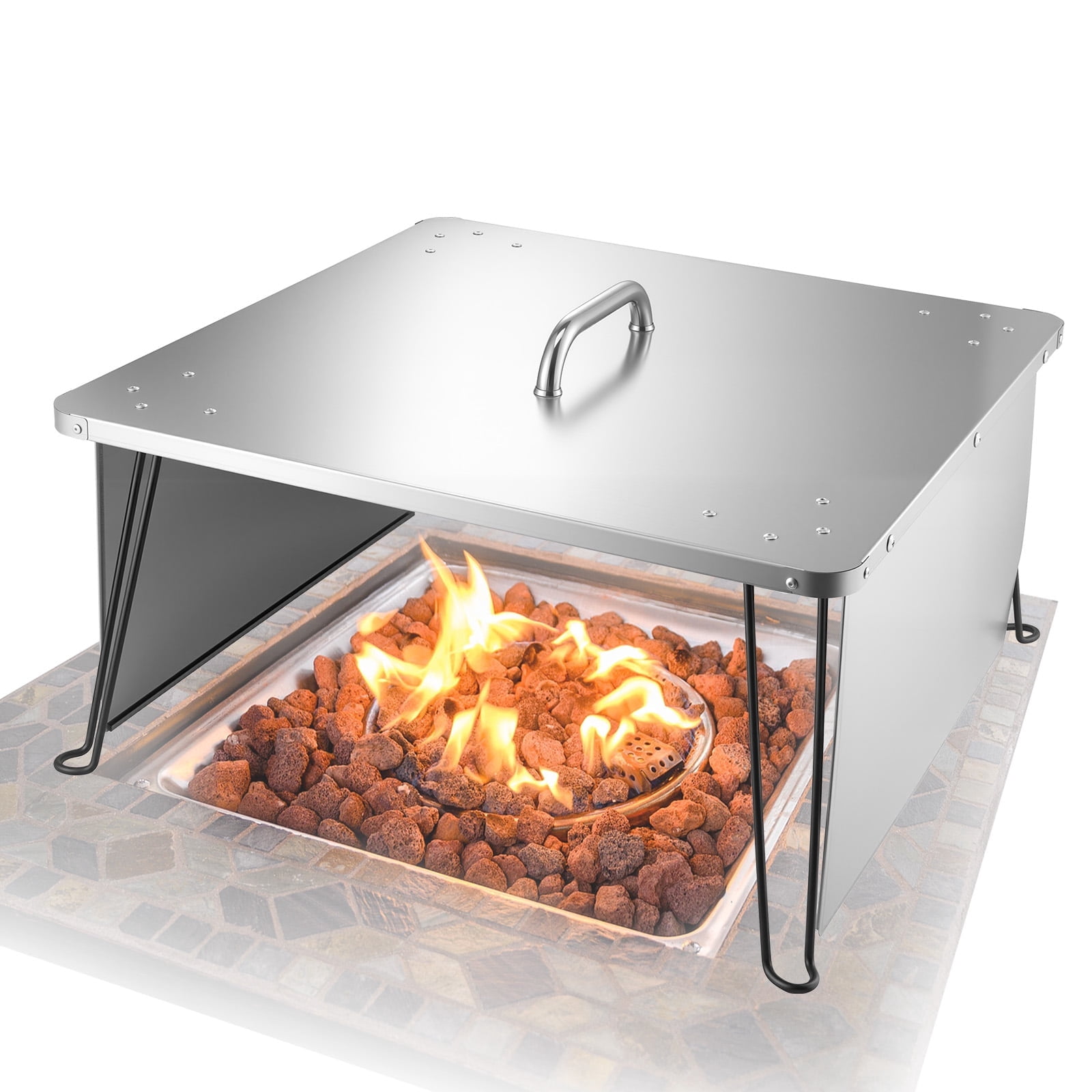 VEVOR Fire Pit Heat Deflector, 25.4x25.4x14.6 inch Square Outdoor Burner Cover, Stainless Steel Bonfire Camping Wood Burning, Push Heat Down and Out with 4 Foldable Legs & Carrying Handle