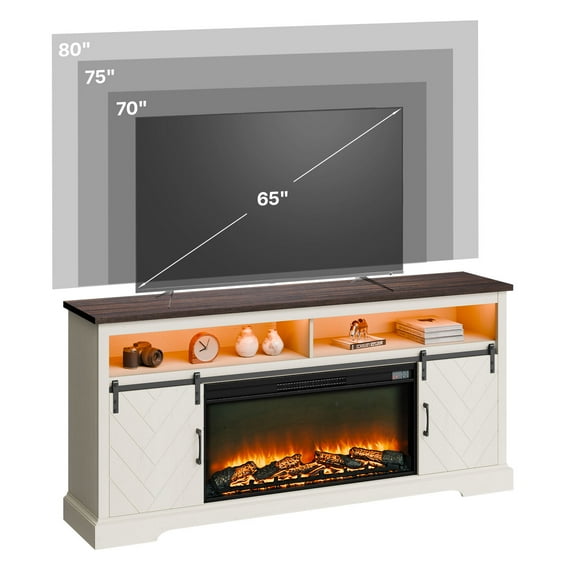 VEVOR Fireplace TV Stand, Farmhouse Fireplace TV Stand for TVs up to 80 inch, Farmhouse Entertainment Center with 36 inch Fireplace & LED Lights, Electric Fireplaces for Living Room Bedroom, White