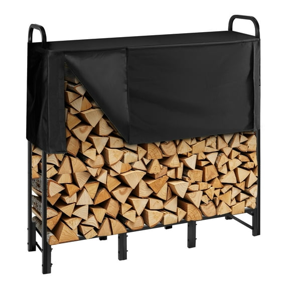 VEVOR Firewood Rack with Waterproof Cover, 4 ft Outdoor Firewood Holder, 1/4 Cord Storage Metal Log Holder,400lb Max Weight Capacity,Top Covered, PowderCoated Wood Storage Rack for Fireplace Deck