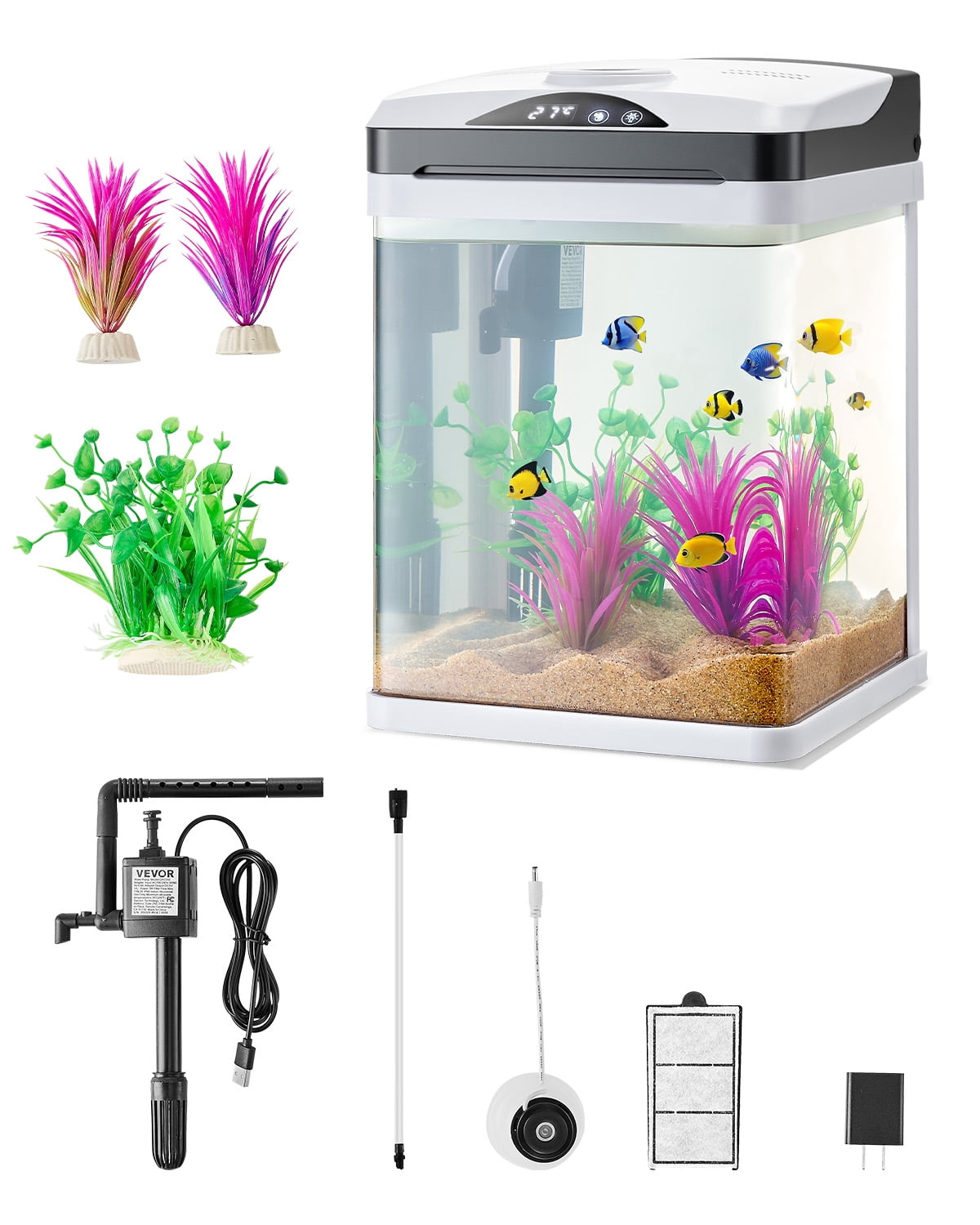 VEVOR Fish Tank Aquarium, 2 Gallon LED Square Ultra-Clear Glass Tank Temperature Monitoring Adjustable 7 Color Lighting, Self Cleaning System Fishbowl for Freshwater & Saltwater Fish Home,Office,Pet