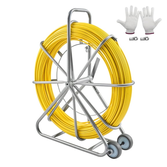 VEVOR Fish Tape Fiberglass, 656 ft, 5/16 in,Duct Rodder Fishtape Wire Puller, Cable Running Rod with Steel Reel Stand,3 Pulling Heads,Fishing Tools for Walls and Electrical Conduit,Non-Conductive