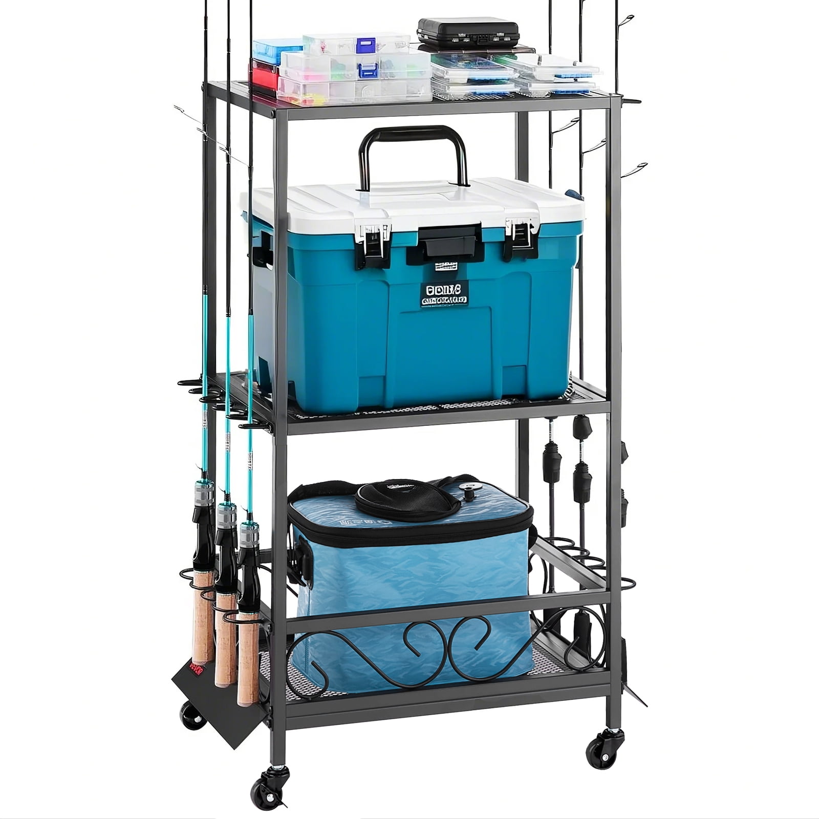 VEVOR Fishing Rod Holder for 10-Rods, Mobile Fishing Pole Rack Cart with Wheels, Fish Gear Equipment Organizer for Garage Home Indoor Use, for Tackle Box Reel Accessories Storage, Gifts for Men
