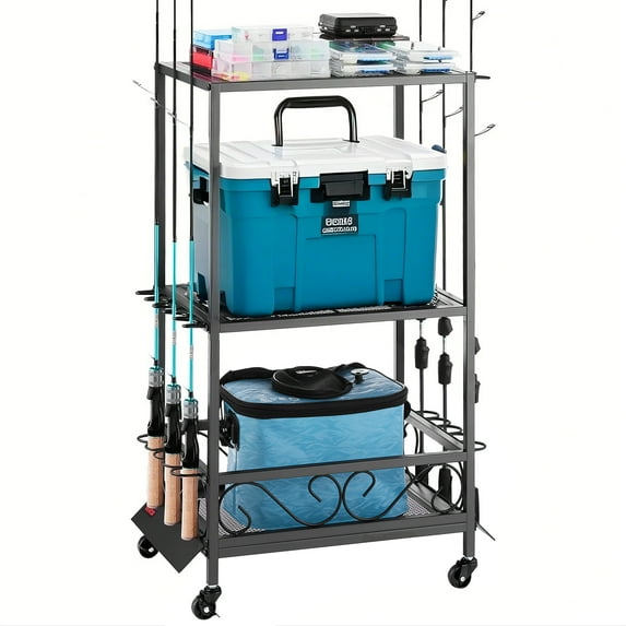 VEVOR Fishing Rod Holder for 10-Rods, Mobile Fishing Pole Rack Cart with Wheels, Fish Gear Equipment Organizer for Garage Home Indoor Use, for Tackle Box Reel Accessories Storage, Gifts for Men
