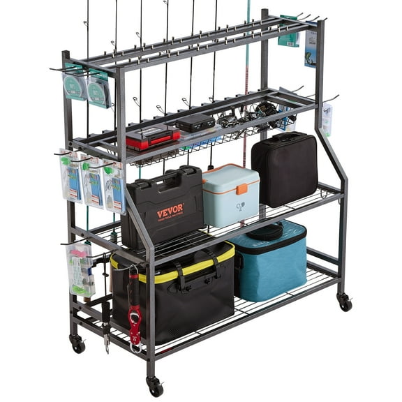 VEVOR Fishing Rod Holder for 15-Rods, Mobile Fishing Pole Rack Cart with Wheels, Fish Gear Equipment Organizer for Garage Home Indoor Use, for Tackle Box Reel Accessories Storage, Gifts for Men