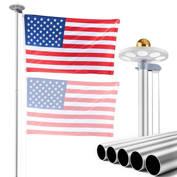 VEVOR Flag Pole, 20ft Heavy Duty Sectional Flagpole Kit with 136 LED Solar Light for Outside House In Ground, Outdoor Aluminum Flagpole with 3x5 American Flag for Yard, Residential, Commercial,Silver