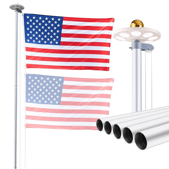 VEVOR Flag Pole, 25ft Heavy Duty Sectional Flagpole Kit with 136 LED Solar Light for Outside House In Ground, Outdoor Aluminum Flagpole with 3x5 American Flag for Yard, Residential,Commercial, Silver