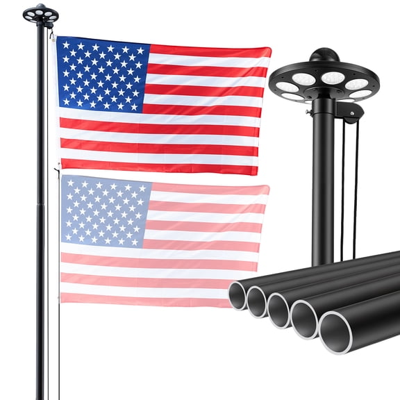 VEVOR Flag Pole, 25ft Heavy Duty Sectional Flagpole Kit with 136 LED Solar Light for Outside House In Ground, Outdoor Aluminum Flagpole with 3x5 American Flag for Yard, Residential, Commercial, Black